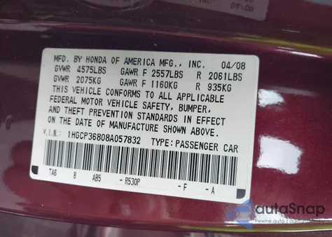 2008 Honda Accord Exl из США, поврежденный, VIN 1HGCP36808A057832